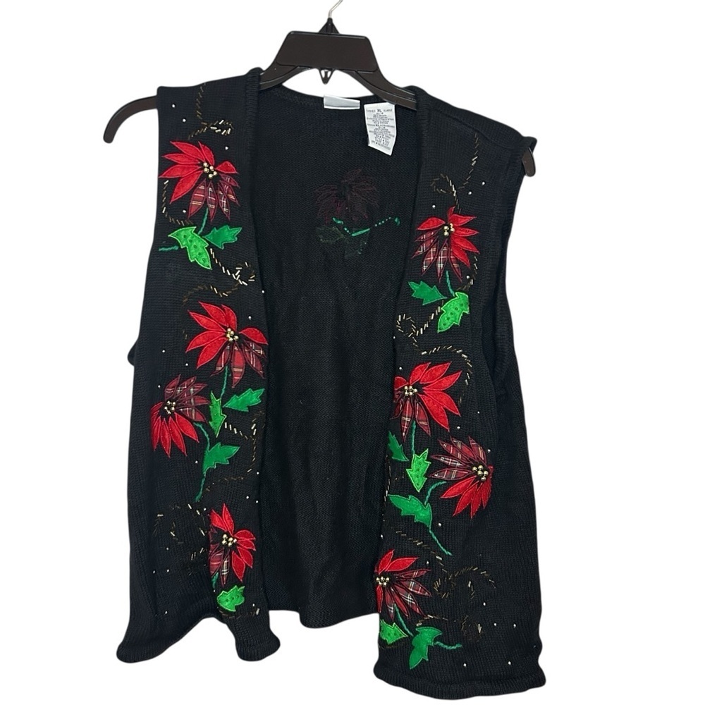 Vintage Poinsettia Sweater Vest XL Christmas Holiday Floral Retro